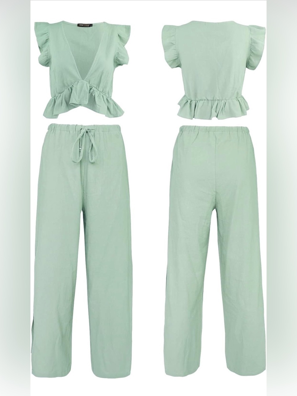 FANCYINN Women's 2 Piece Outfits V Neck Ruffle Crop Top Wide Leg Pants